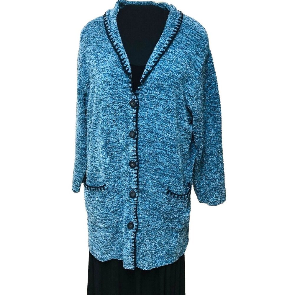 Denim & Co. Long Sweater Coat Tweed Button Front Womens 1X Blue Whipstitch Cozy